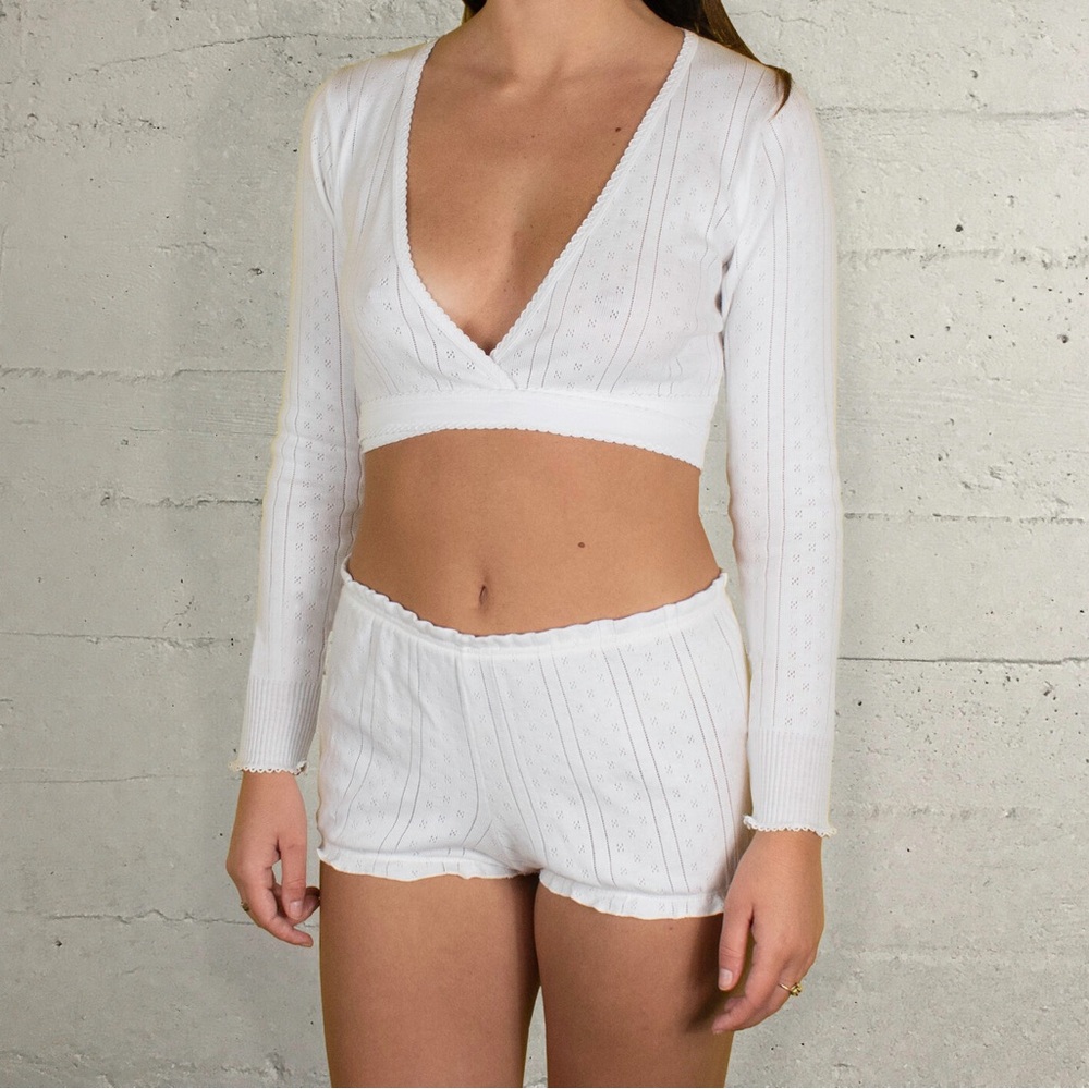 pretties venice long sleeve crop pointelle ballet wrap top!